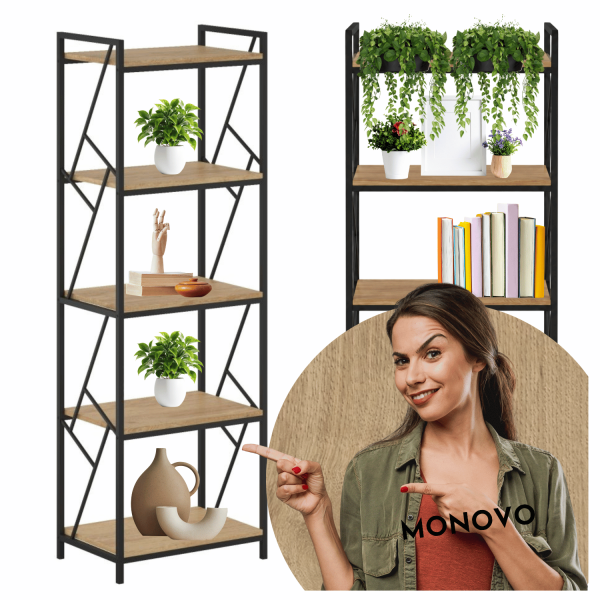 Metalowy Regał Z Półkami Na Książki Stojący Nowoczesny Do Salonu Loft Czarny Dąb Naturalny ADEN