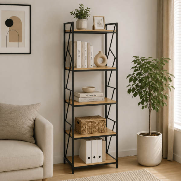 Metalowy Regał Z Półkami Na Książki Stojący Nowoczesny Do Salonu Loft Czarny Dąb Naturalny ADEN