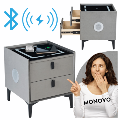 Nowoczesna Szafka Nocna SMART Tapicerowana Z Szufladami Welurowa Do Sypialni Bluetooth Szara ELON