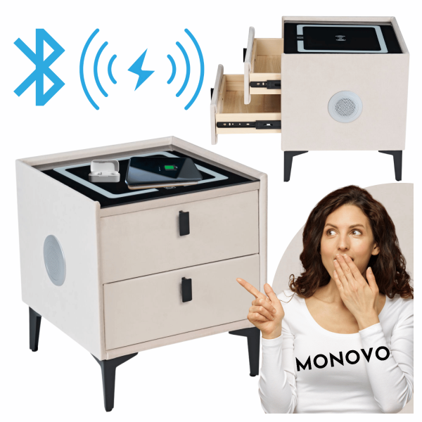Szafka Nocna SMART Nowoczesna Z Szufladami Do Sypialni Bluetooth Tapicerowana Beżowa Kaszmirowa ELON