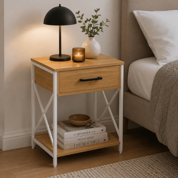 Szafka Nocna Z Szufladą Do Sypialni Loft Nowoczesna Biała Dąb Naturalny LIRA