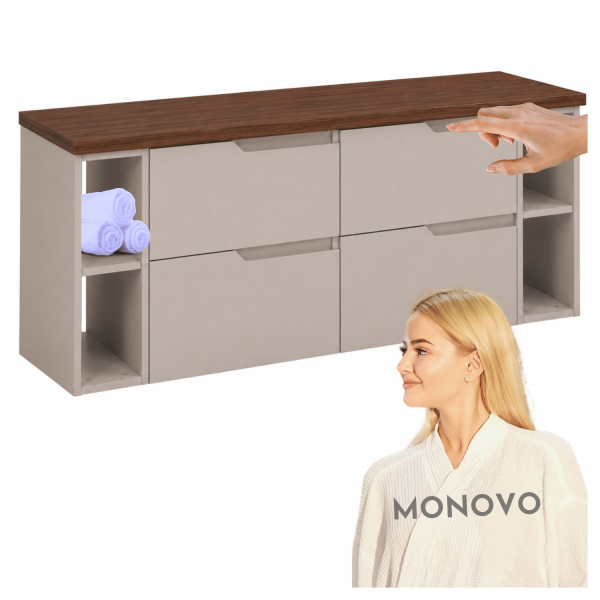 Szafka Wisząca Łazienkowa Nowoczesna Elegancka Zestaw pod Umywalkę 160 cm z Blatem i Regałami Beżowy Kaszmirowy Orzech MODERN