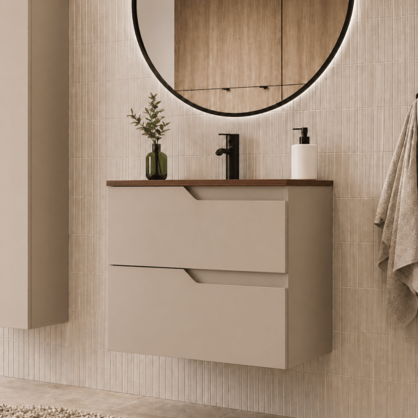 Szafka Wisząca Łazienkowa Nowoczesna Elegancka Zestaw pod Umywalkę 160 cm z Blatem i Regałami Beżowy Kaszmirowy Orzech MODERN
