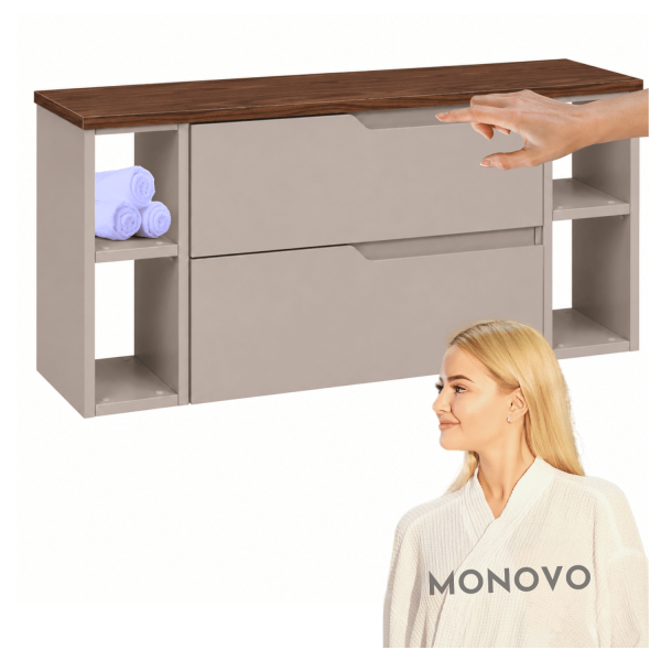 Szafka Łazienkowa Beżowa 120 cm Wisząca Nowoczesna pod Umywalkę z Blatem i Regałami Kaszmirowa Orzech MODERN