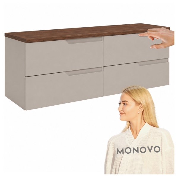 Szafka Wisząca do Łazienki 160 cm pod Umywalkę Beżowa z Blatem Kaszmirowa Nowoczesna Orzech MODERN