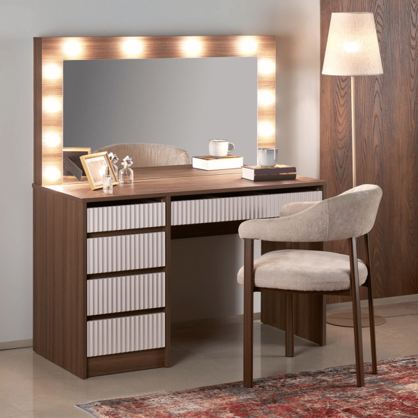 Nowoczesna Toaletka z Oświetleniem LED do Sypialni Glamour Kaszmir Orzech HOLLYWOOD 2 XL Halmar