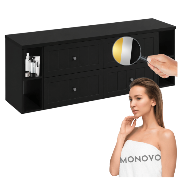Wisząca Szafka 160 cm Łazienkowa z Blatem i Regałami pod Umywalkę Stylowy Elegancki Czarny Zestaw Vintage Retro GUSTO