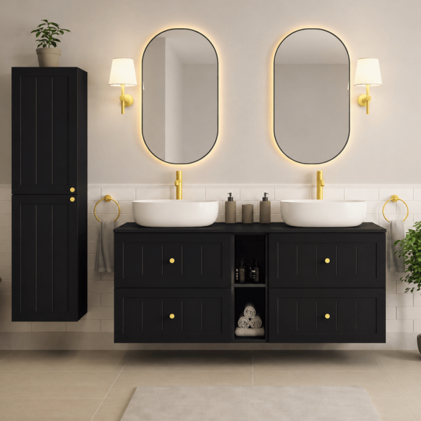 Szafka z Blatem 160 cm do Łazienki pod Umywalkę Czarna Wisząca Stylowa Vintage Retro GUSTO