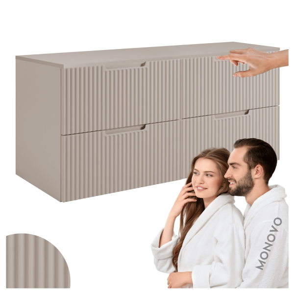 Elegancka Szafka do Łazienki Pod Umywalkę 120 cm Wisząca z Blatem Kaszmir Beż Ryflowana VENA