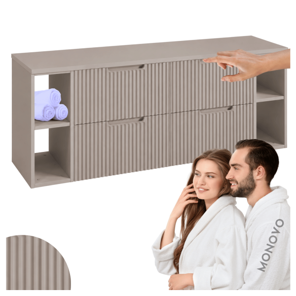 Ryflowana Wisząca Szafka do Łazienki Pod Umywalkę Zestaw 160 cm z Blatem i Regałami Kaszmir Beż VENA