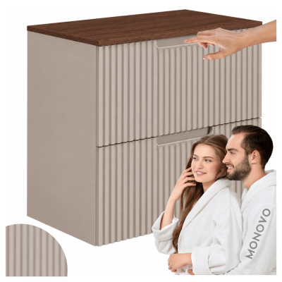 Elegancka Szafka do Łazienki Pod Umywalkę 60 cm Wisząca z Blatem Orzech Kaszmir Beż Ryflowana VENA