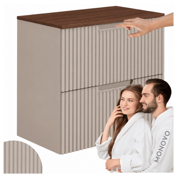 Elegancka Szafka do Łazienki Pod Umywalkę 60 cm Wisząca z Blatem Orzech Kaszmir Beż Ryflowana VENA