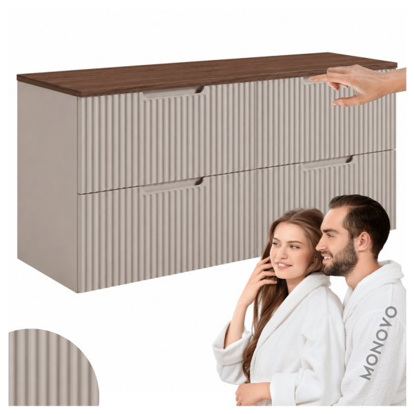 Elegancka Nowoczesna Szafka do Łazienki Pod Umywalkę 120 cm Wisząca z Blatem Kaszmir Beż Ryflowana Orzech VENA