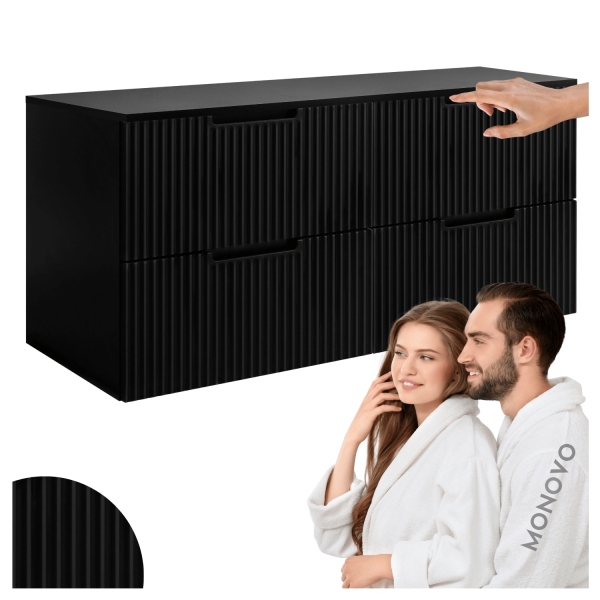 Elegancka Wisząca Czarna Szafka Łazienkowa Pod Umywalkę 120 cm z Blatem Ryflowana Nowoczesna VENA