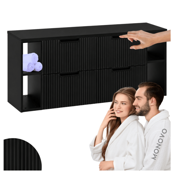 Elegancka Wisząca Nowoczesna Szafka Łazienkowa Pod Umywalkę 160 cm z Blatem i Regałami Czarna VENA