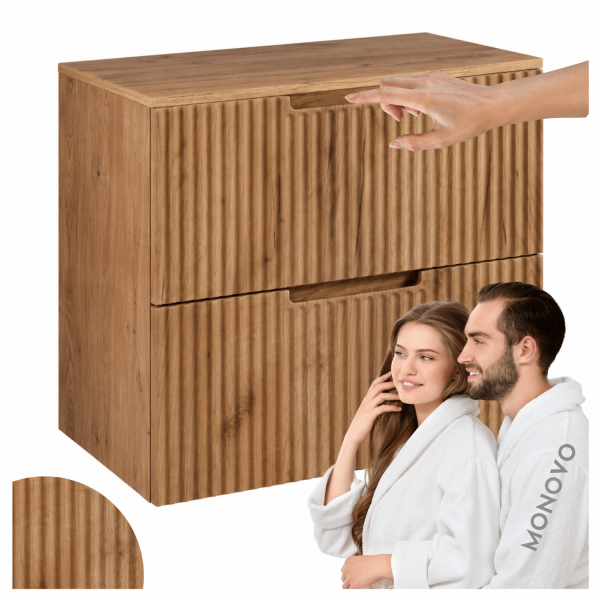 Elegancka Nowoczesna Szafka Ryflowana Łazienkowa Pod Umywalkę Wisząca 60 cm z Blatem Złoty Dąb VENA