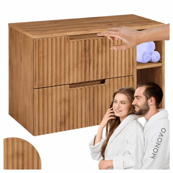Szafka Ryflowana 80 cm Nowoczesna Łazienkowa Pod Umywalkę Wisząca Elegancka z Blatem i Regałem Złoty Dąb VENA