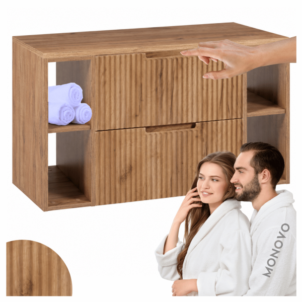 Nowoczesna Szafka Łazienkowa 100 cm Ryflowana Pod Umywalkę Wisząca Elegancka z Blatem i Regałami Złoty Dąb VENA