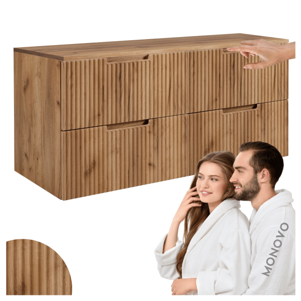 Elegancka Wisząca Szafka Ryflowana Łazienkowa Pod Umywalkę Nowoczesna 120 cm Zestaw z Blatem Złoty Dąb VENA