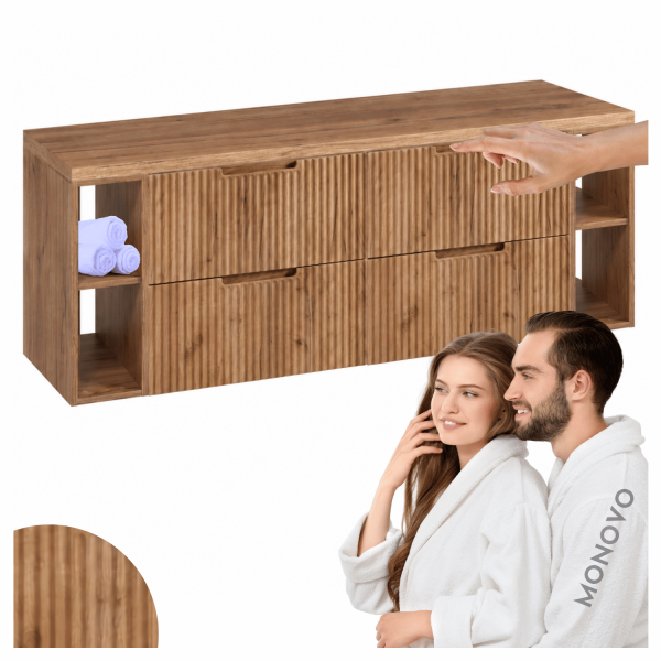 Nowoczesna Szafka Łazienkowa 160 cm Ryflowana Pod Umywalkę Wisząca Elegancka Zestaw z Blatem i Regałami Złoty Dąb VENA
