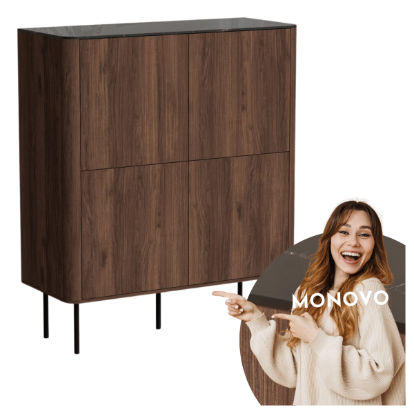Nowoczesna Wysoka Komoda do Salonu Mid Century Modern Loft Orzech Warmia Czarny Marmur SOLANO KM-2 Halmar