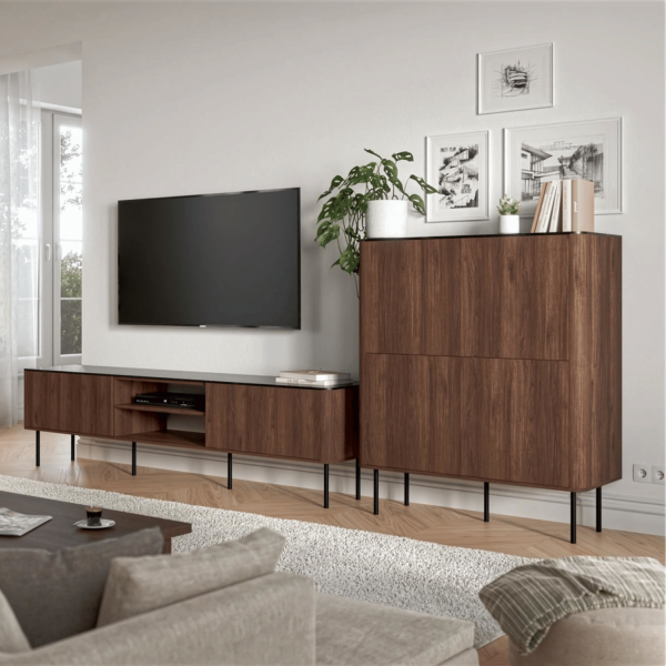 Nowoczesna Wysoka Komoda do Salonu Mid Century Modern Loft Orzech Warmia Czarny Marmur SOLANO KM-2 Halmar