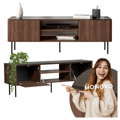 Nowoczesna Szafla RTV do Salonu Mid Century Modern Loft Orzech Warmia Czarny Marmur SOLANO RTV-1 Halmar