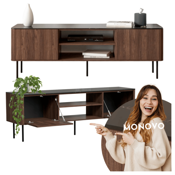 Nowoczesna Szafla RTV do Salonu Mid Century Modern Loft Orzech Warmia Czarny Marmur SOLANO RTV-1 Halmar