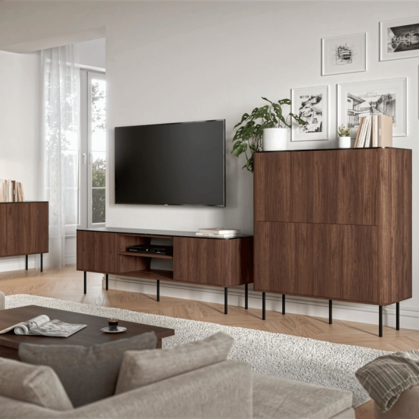Nowoczesna Szafla RTV do Salonu Mid Century Modern Loft Orzech Warmia Czarny Marmur SOLANO RTV-1 Halmar