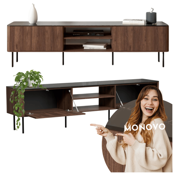 Nowoczesna Szafla RTV do Salonu Mid Century Modern Loft Orzech Warmia Czarny Marmur SOLANO RTV-2 Halmar