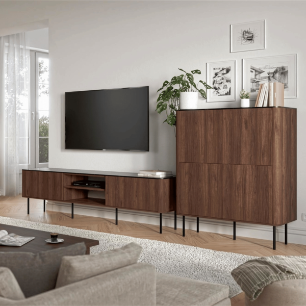Nowoczesna Szafla RTV do Salonu Mid Century Modern Loft Orzech Warmia Czarny Marmur SOLANO RTV-2 Halmar