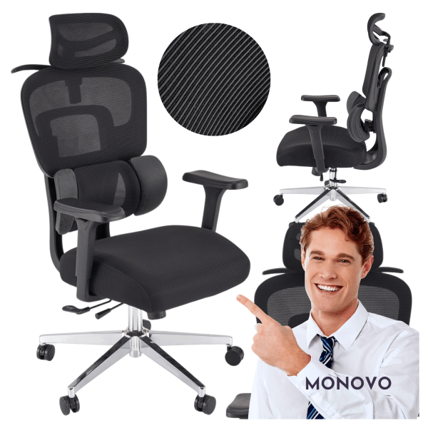 Ergonomiczny Fotel Gabinetowy z Regulowanymi Podłokietnikami Zagłówkiem do Biura Czarny Siatka BOOSTER Halmar