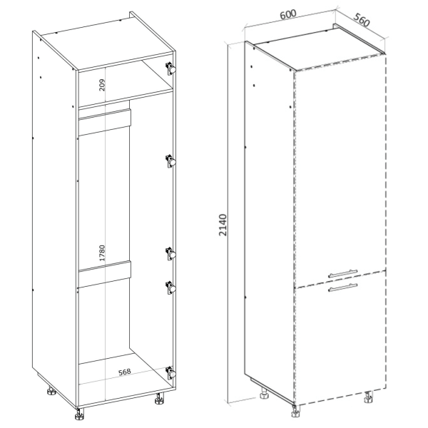 Szafka Kuchenna Pod Zabudowę Lodówki  Bez Frontu Wysoka 214 cm Dolna Stojąca Korpus Meblowy Kuchenny Dąb Craft VENTO DL-60/214