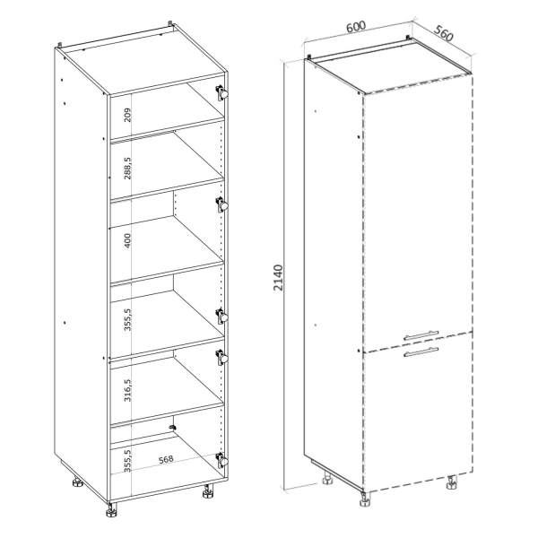 Korpus Meblowy Czarny Szafka Kuchenna Dolna Stojąca Uniwersalna Wysoka 214 cm Bez Frontu Z Półkami VENTO DU-60/214
