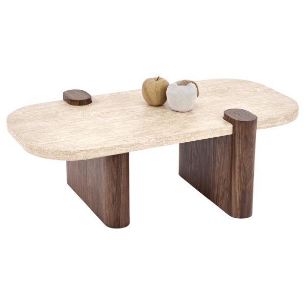 Stylowa Ława Stolik Kawowy do Salonu Vintage Mid Century Modern Trawertyn Orzechowy CANOA Halmar