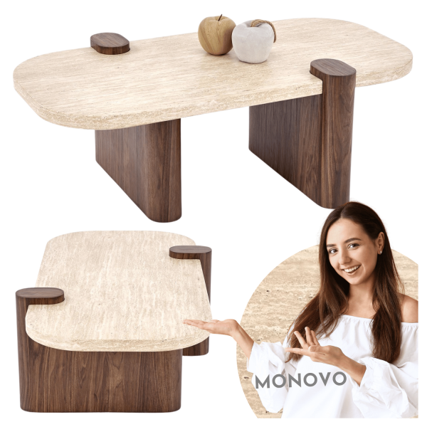 Stylowa Ława Stolik Kawowy do Salonu Vintage Mid Century Modern Trawertyn Orzechowy CANOA Halmar