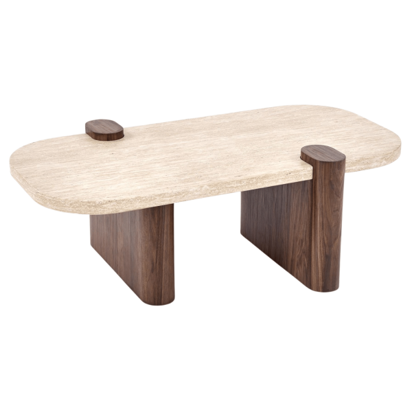 Stylowa Ława Stolik Kawowy do Salonu Vintage Mid Century Modern Trawertyn Orzechowy CANOA Halmar