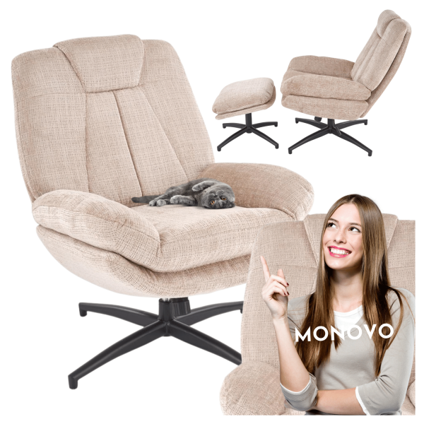 Nowoczesny Fotel Wypoczynkowy z Podnóżkiem z Funkcją Bujania Obracania do Salonu Loft Beżowy DECLAN Halmar