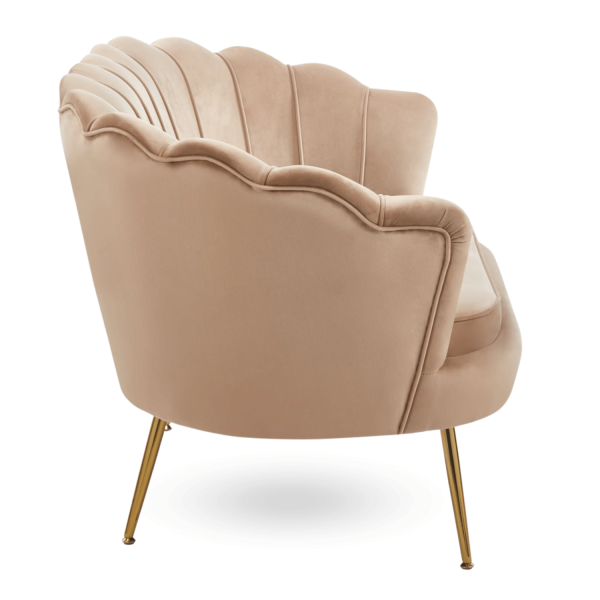 Beżowa Sofa Muszelka Kanapa do Poczekalni Salonu Glamour Welurowa Złota Cappuccino ZENDAYA