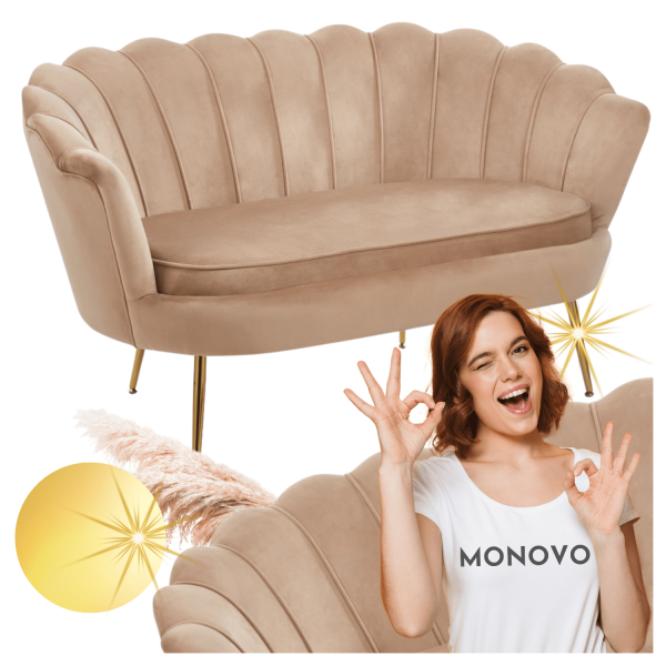 Beżowa Sofa Muszelka Kanapa do Poczekalni Salonu Glamour Welurowa Złota Cappuccino ZENDAYA