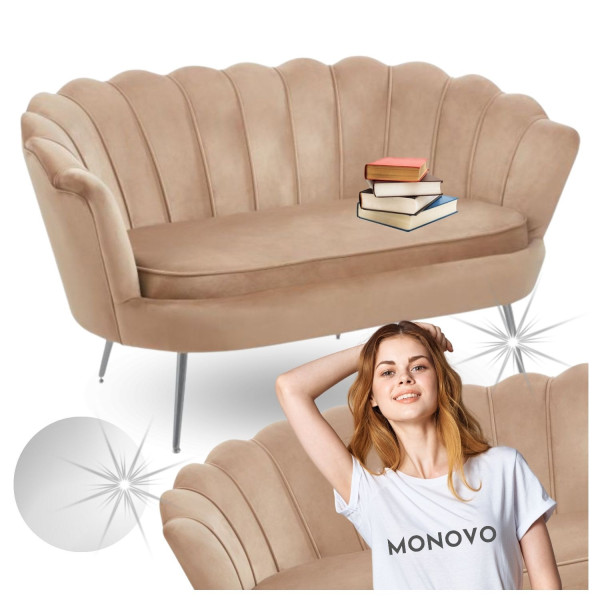 Nowoczesna Kanapa Tapicerowana do Poczekalni Salonu Sofa Dwuosobowa Cappuccino Welur Srebrne Nogi ZENDAYA