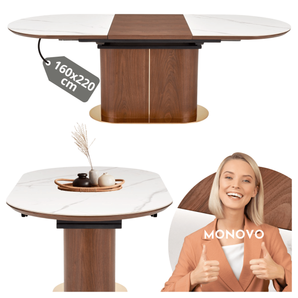 Nowoczesny Stół Rozkładany Owalny 160-220 cm do Salonu Glamour Biały Marmur Orzech Złoty GIBSON Halmar
