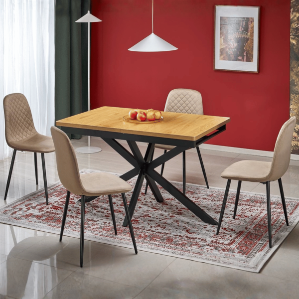Nowoczesny Stół Prostokątny Rozkładany 120-160 cm do Salonu Loft Dąb Złoty Czarne Nóżki HOLTER Halmar