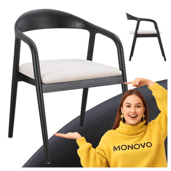 Krzesło Drewniane Zaokrąglone Czarne Beżowe Siedzisko do Jadalni Salonu Mid Century Modern FARRIS