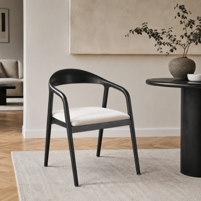 Krzesło Drewniane Zaokrąglone Czarne Beżowe Siedzisko do Jadalni Salonu Mid Century Modern FARRIS