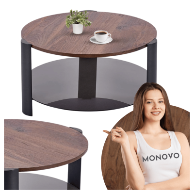 Nowoczesny Okrągły Stolik Kawowy Ława do Salonu Loft Orzechowy Czarny LIRA Halmar