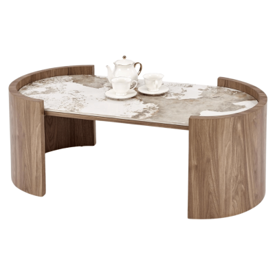 Nowoczesna Ława Stolik Kawowy do Salonu Mid Century Modern Beżowy Marmur Orzechowy NICOSIA Halmar
