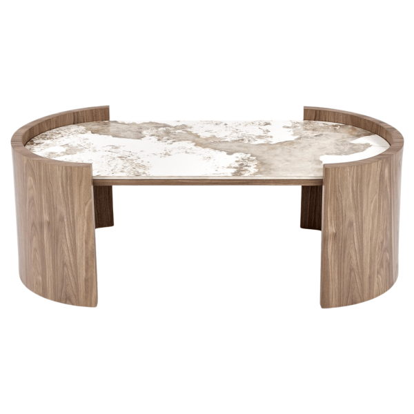 Nowoczesna Ława Stolik Kawowy do Salonu Mid Century Modern Beżowy Marmur Orzechowy NICOSIA Halmar