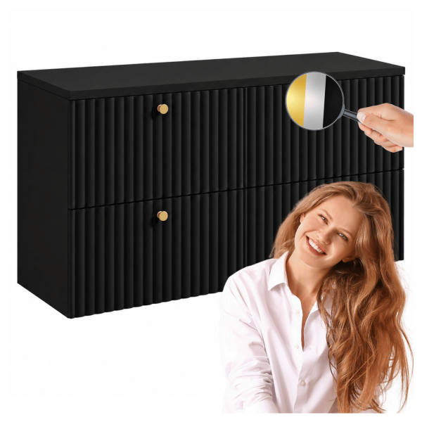 Wisząca Szafka pod Umywalkę z Blatem 120 cm Zestaw Łazienkowa Ryflowany Czarny BELLO