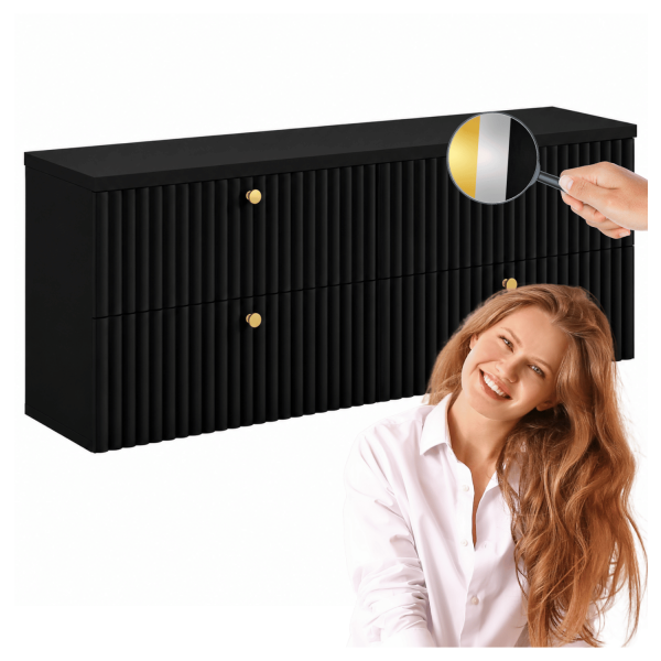 Zestaw z Blatem 160 cm Wisząca Nowoczesna Szafka pod Umywalkę Ryflowana Elegancka Czarna BELLO